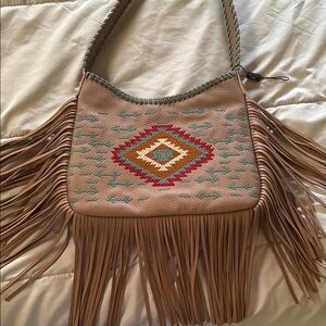 Boho Fringe Shoulder Bag with Aztec Pattern